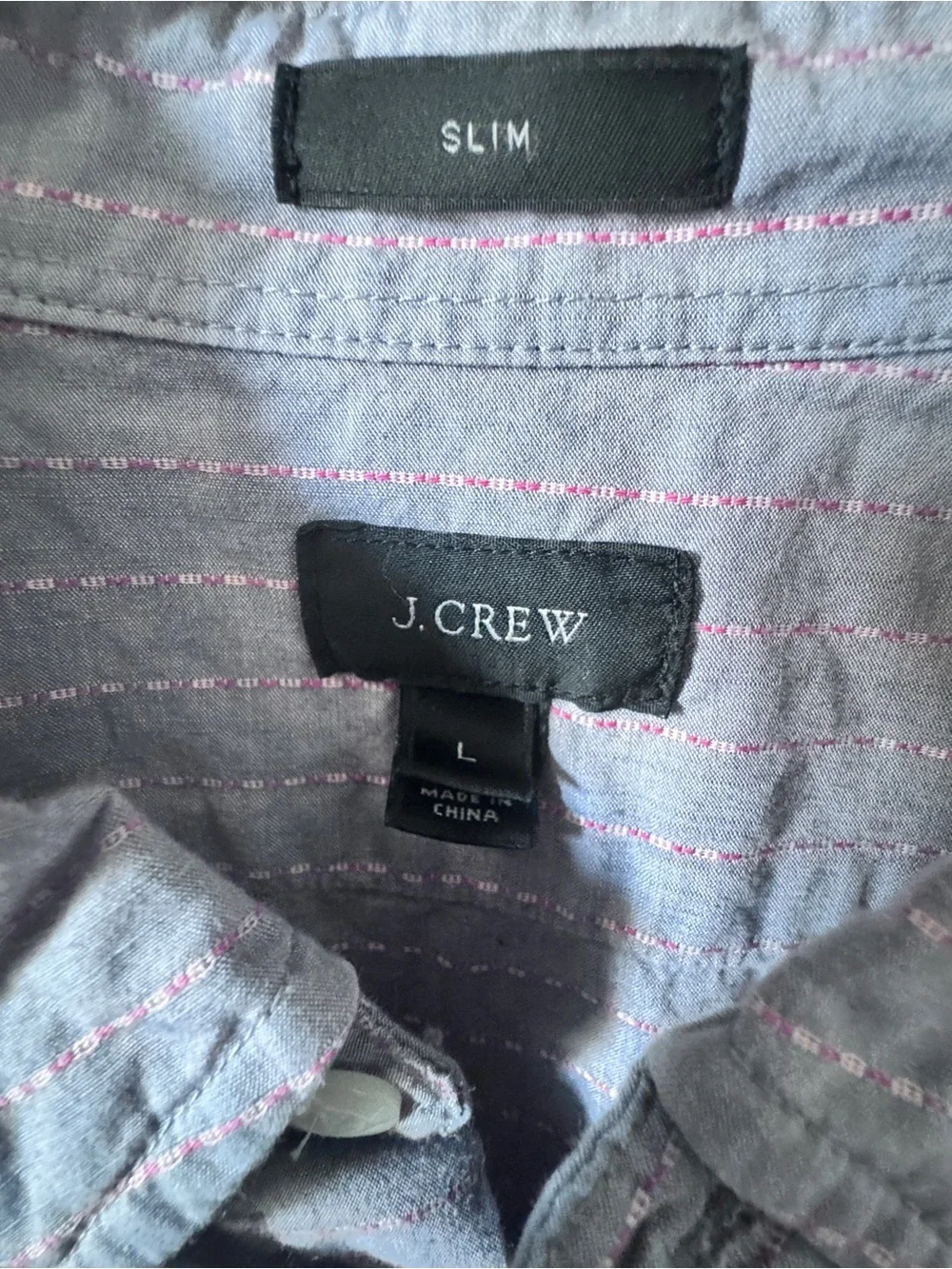 J. Crew Slim Button-Up Shirt in Gray with Pinkish-Red Stripe-Large
